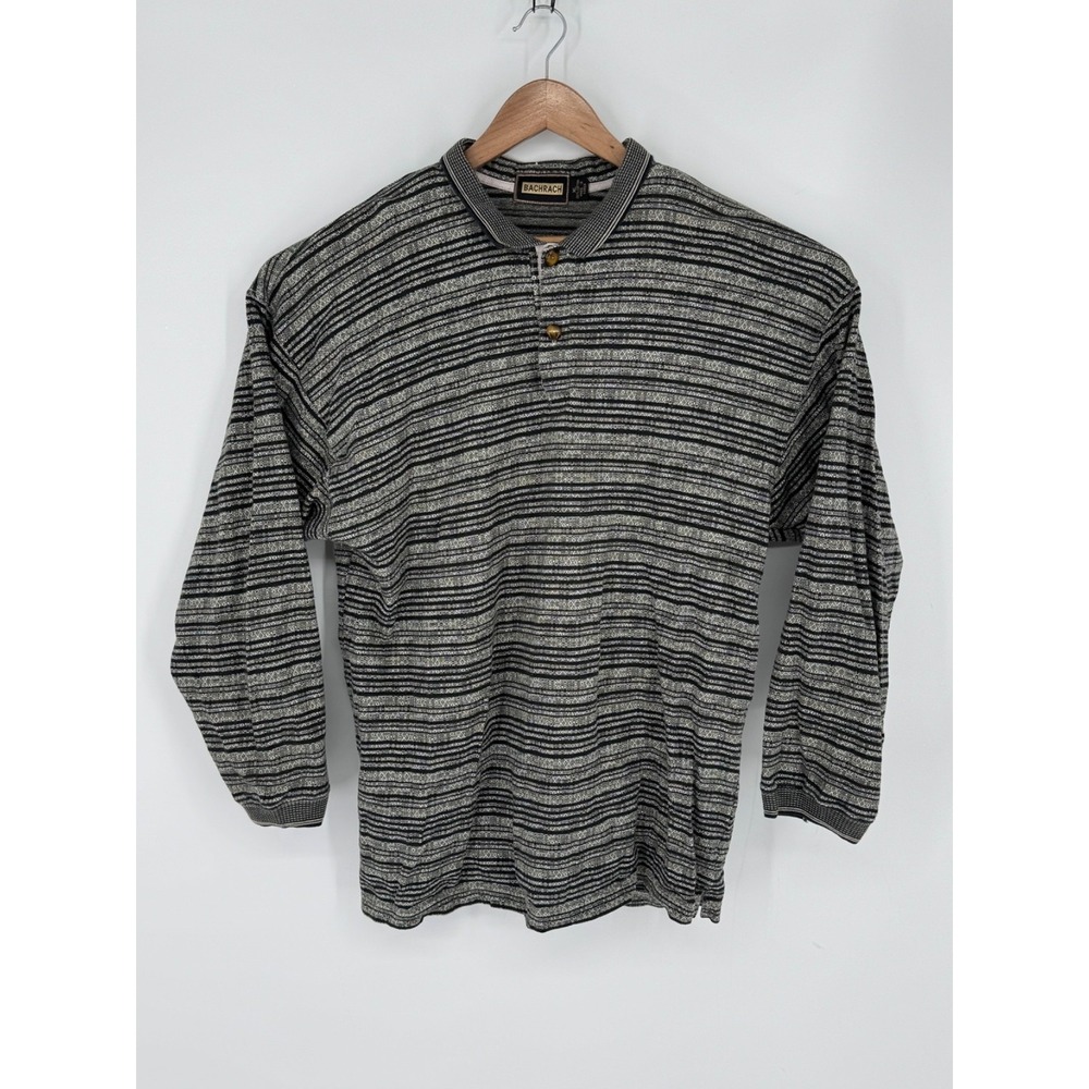 Vintage Bachrach Men's Size XL Long Sleeve Polo Gray Striped w/Geometric L1